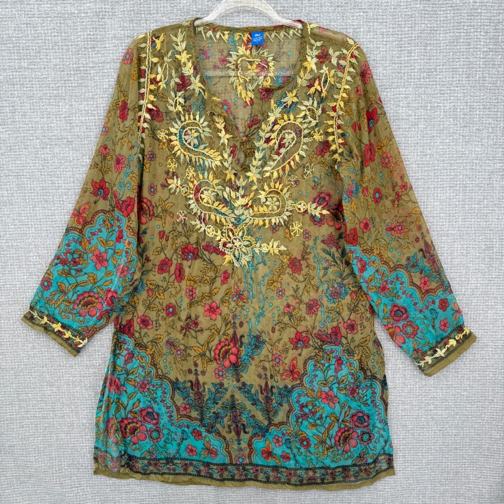 Raj Tunic Top Women Large Silk Embroidered Floral Sheer Boho Gypsy Festival
